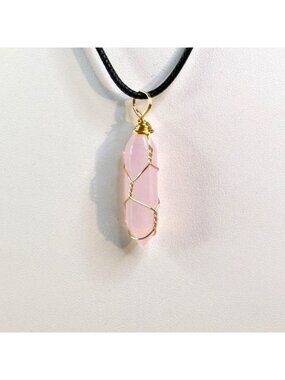 Rose Quartz Crystal Pendant Necklace With Black Cord & Adjustable Chain